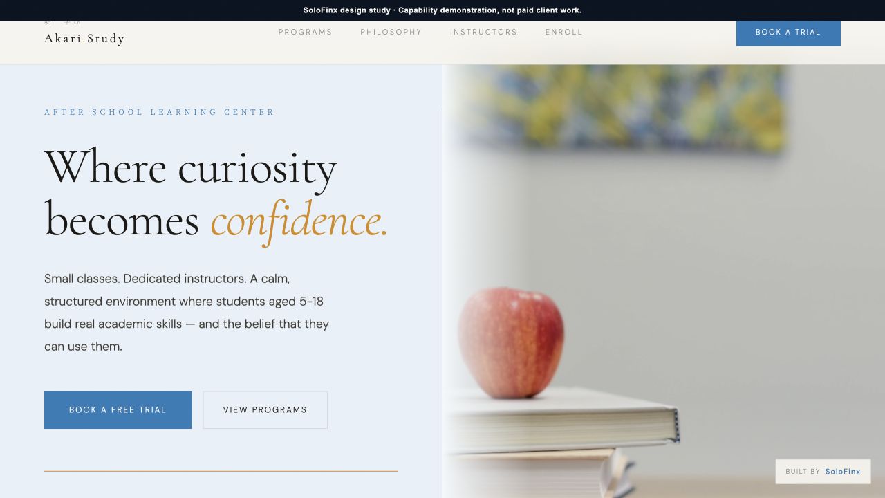 Rendered Akari Study website design sample