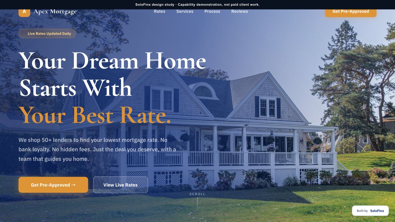 Rendered Apex Mortgage website design sample