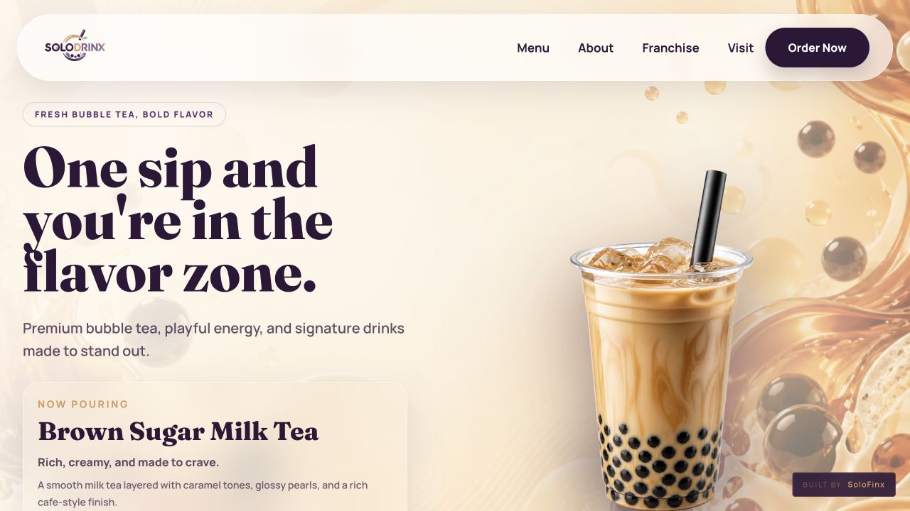 Rendered Solodrinx bubble tea website design sample